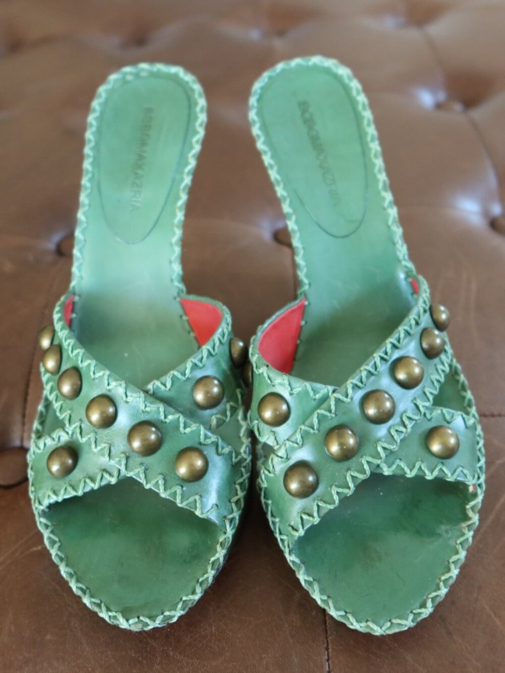 BCBG Max Azria Y2K green leather & gold studded platform wedge sandals sz 6 1/2